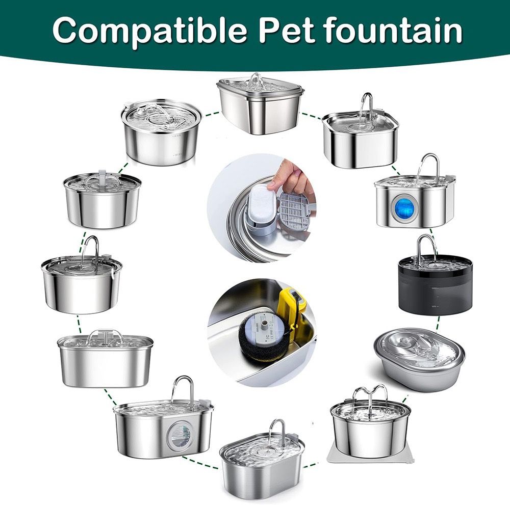 Replacement Pet Water Fountain Filter Kit with Runway Filter, Round Foam, and Square Activated Carbon Pad for Clean, Fresh Drinking Water for Cats and Dogs (B Filter×8)