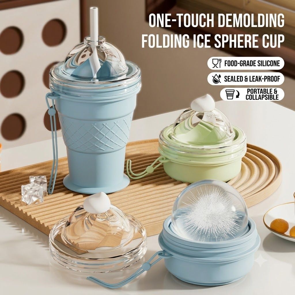 Silicone Ice Cream Cone Ice Cube Tray & Collapsible Cup – Make Sphere Ice Balls Easily, One-Click Release, Portable Reusable Freezer Mold for Smoothies, Juices, Cocktails and Outdoor Camping Drinks (Green)