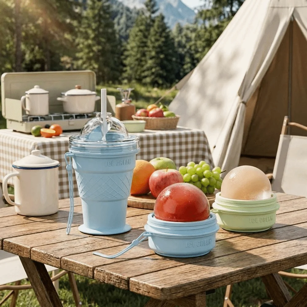 Silicone Ice Cream Cone Ice Cube Tray & Collapsible Cup – Make Sphere Ice Balls Easily, One-Click Release, Portable Reusable Freezer Mold for Smoothies, Juices, Cocktails and Outdoor Camping Drinks (Green)