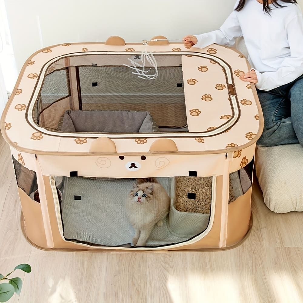 Foldable Pet Playpen with Zippered Top, Portable Cat Whelping Box & Puppy Kennel for Indoor/Outdoor Use, Easy Assembly, Multi-Functional Tent for Small Pets (Brown-XL)