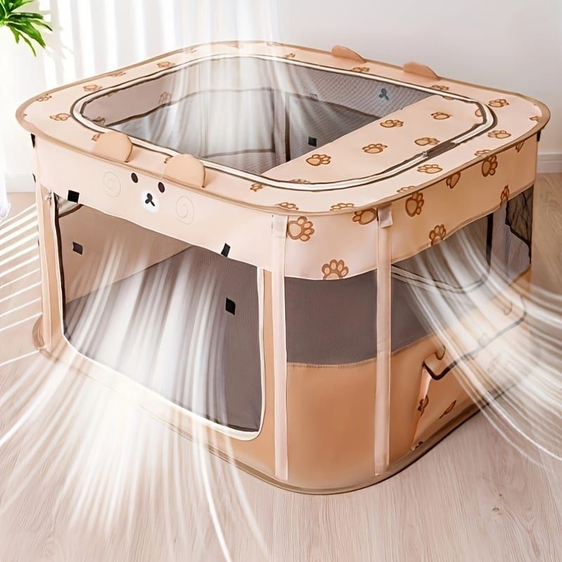 Foldable Pet Playpen with Zippered Top, Portable Cat Whelping Box & Puppy Kennel for Indoor/Outdoor Use, Easy Assembly, Multi-Functional Tent for Small Pets (Brown-XL)