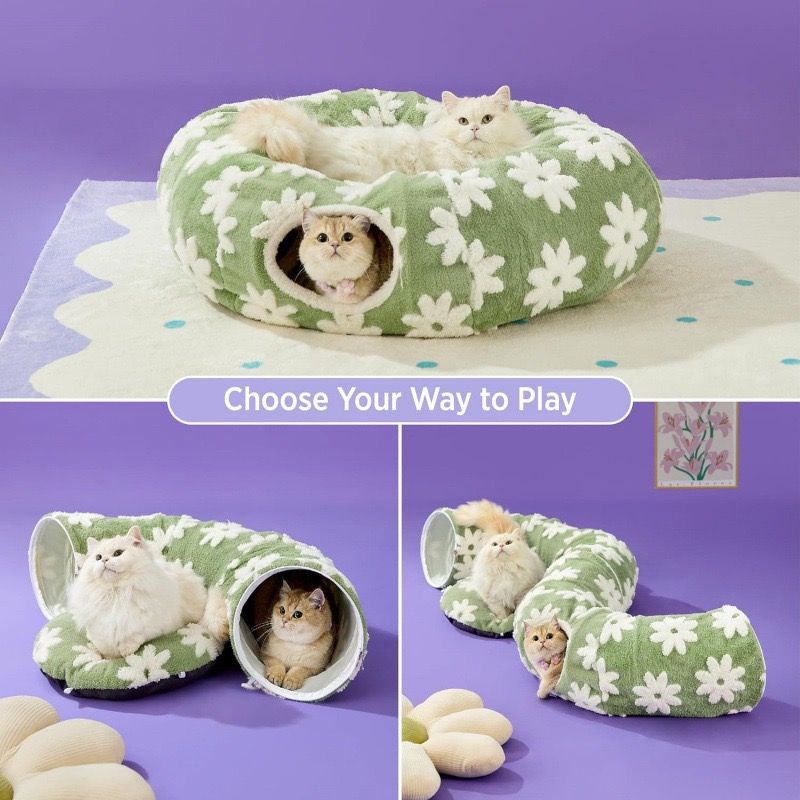 2-in-1 Plush Donut Cat Tunnel Bed, Checkered Pattern Pet Cave with Interactive Hanging Ball, Non-Slip Bottom, Foldable Design for Indoor Cats and Kittens (Blue)