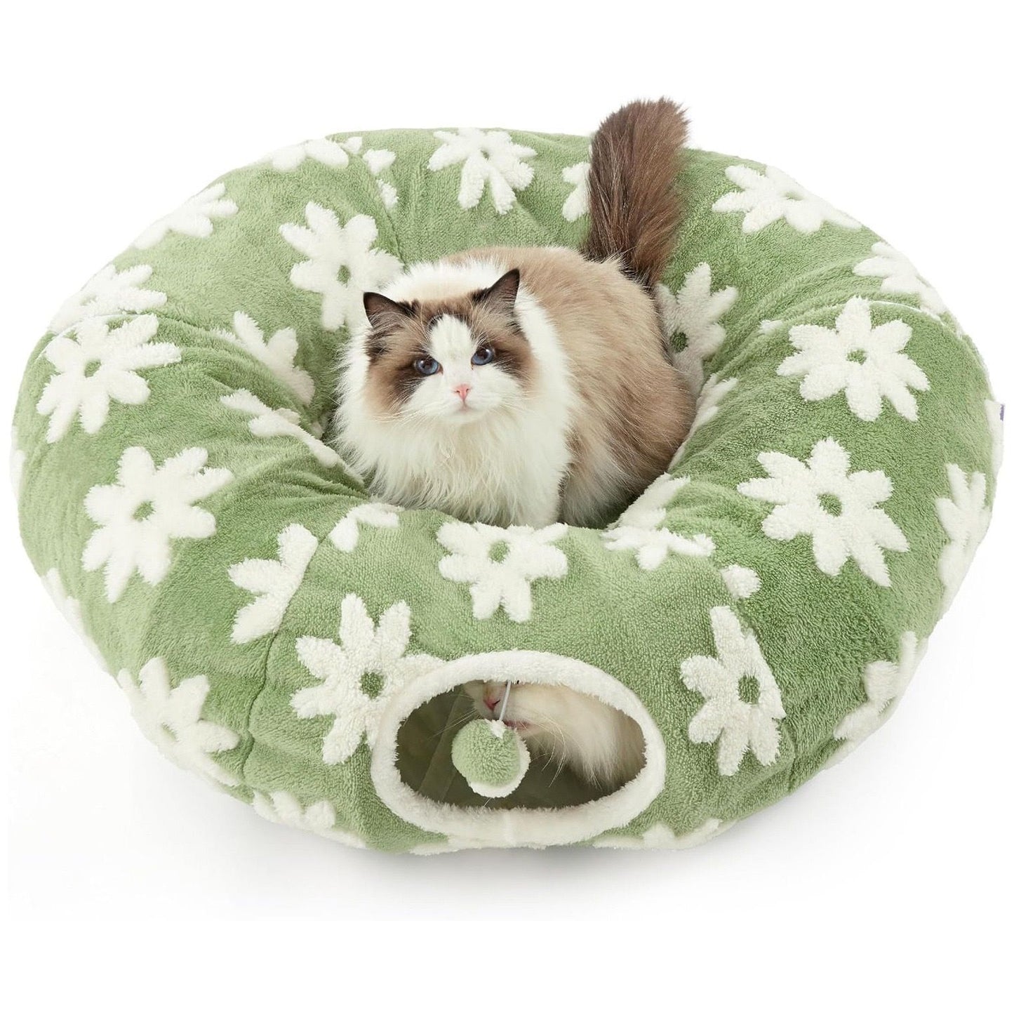2-in-1 Plush Donut Cat Tunnel Bed, Checkered Pattern Pet Cave with Interactive Hanging Ball, Non-Slip Bottom, Foldable Design for Indoor Cats and Kittens (Blue)