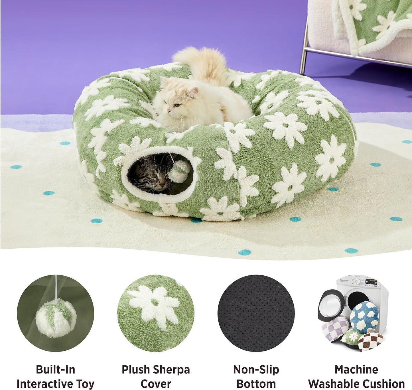 2-in-1 Plush Donut Cat Tunnel Bed, Checkered Pattern Pet Cave with Interactive Hanging Ball, Non-Slip Bottom, Foldable Design for Indoor Cats and Kittens (Coffee)
