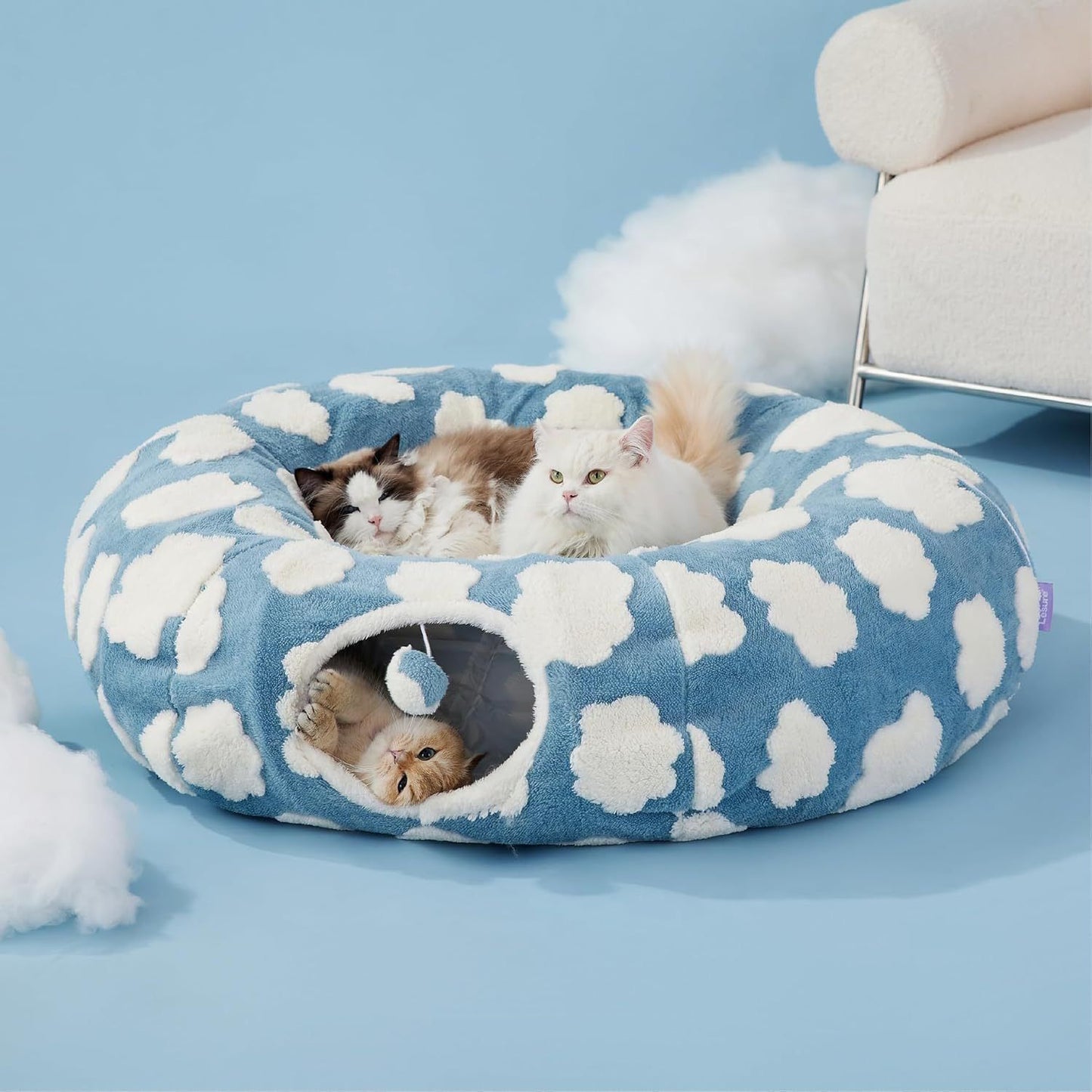 2-in-1 Plush Donut Cat Tunnel Bed, Checkered Pattern Pet Cave with Interactive Hanging Ball, Non-Slip Bottom, Foldable Design for Indoor Cats and Kittens (Green)