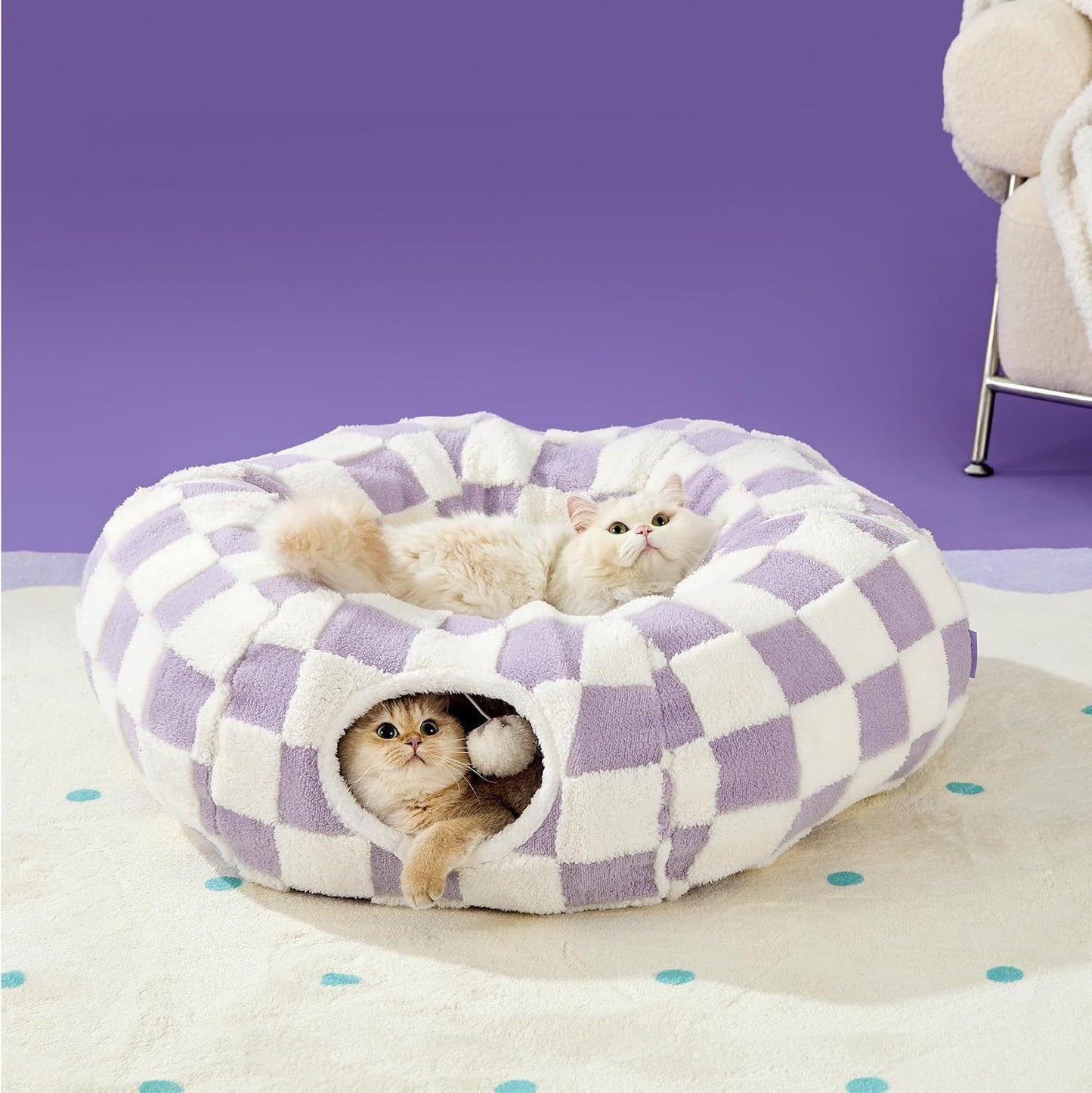 2-in-1 Plush Donut Cat Tunnel Bed, Checkered Pattern Pet Cave with Interactive Hanging Ball, Non-Slip Bottom, Foldable Design for Indoor Cats and Kittens (Green)