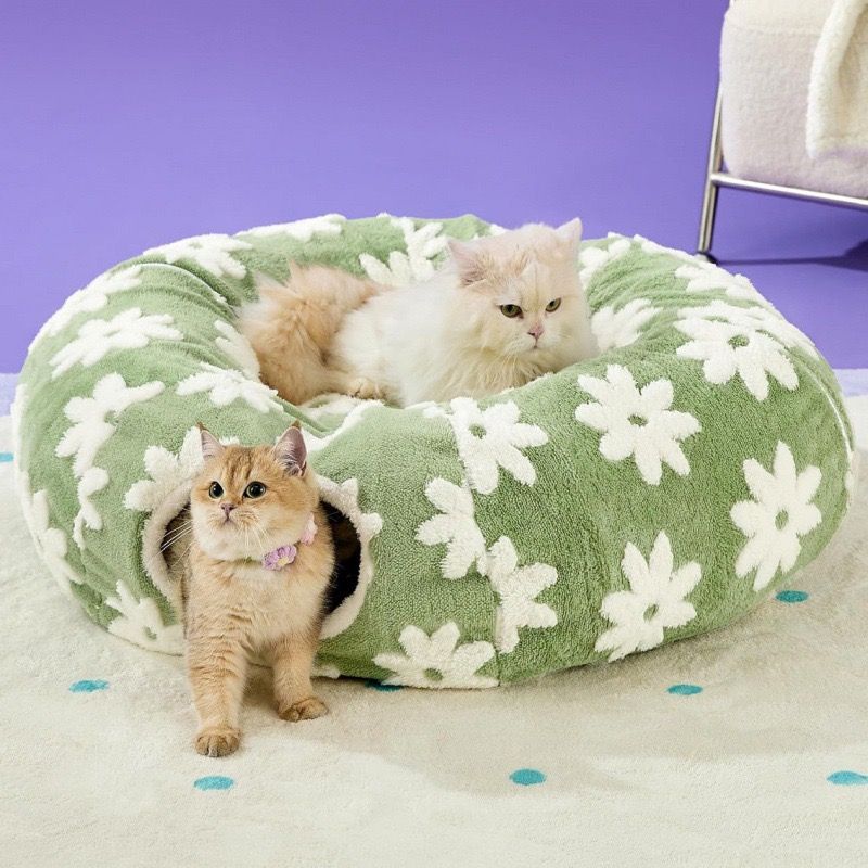 2-in-1 Plush Donut Cat Tunnel Bed, Checkered Pattern Pet Cave with Interactive Hanging Ball, Non-Slip Bottom, Foldable Design for Indoor Cats and Kittens (Purple)