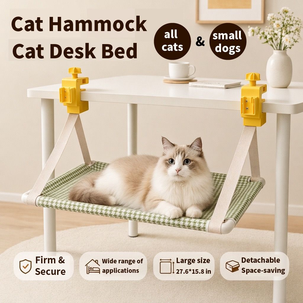 Clamp-On Hanging Cat Hammock – Space-Saving Elevated Pet Bed with Breathable Tweed Fabric, Tool-Free Desk & Shelf Mount, Perfect Resting Spot for Cats and Small Dogs Up to 33 lbs (Green)