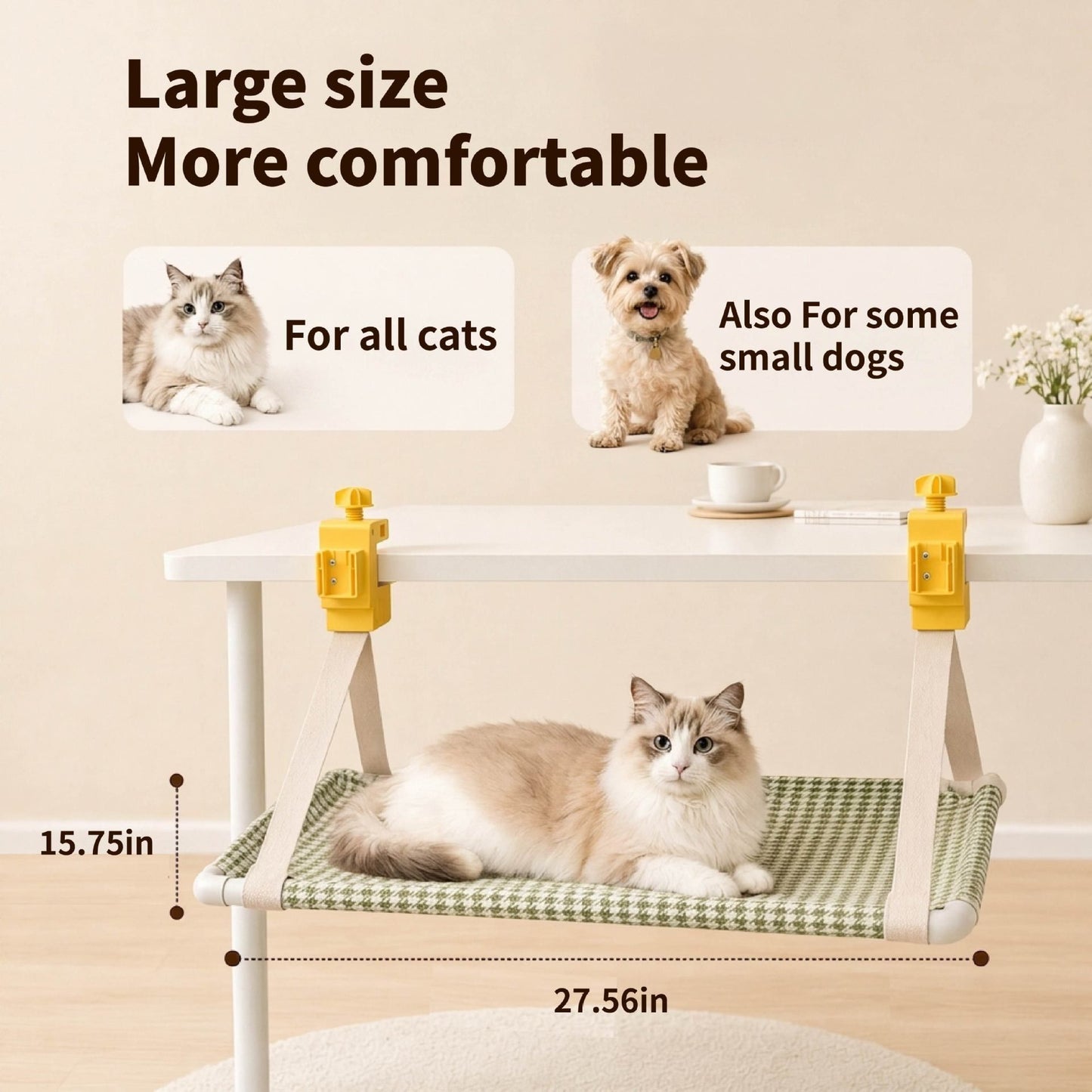 Clamp-On Hanging Cat Hammock – Space-Saving Elevated Pet Bed with Breathable Tweed Fabric, Tool-Free Desk & Shelf Mount, Perfect Resting Spot for Cats and Small Dogs Up to 33 lbs (Green)
