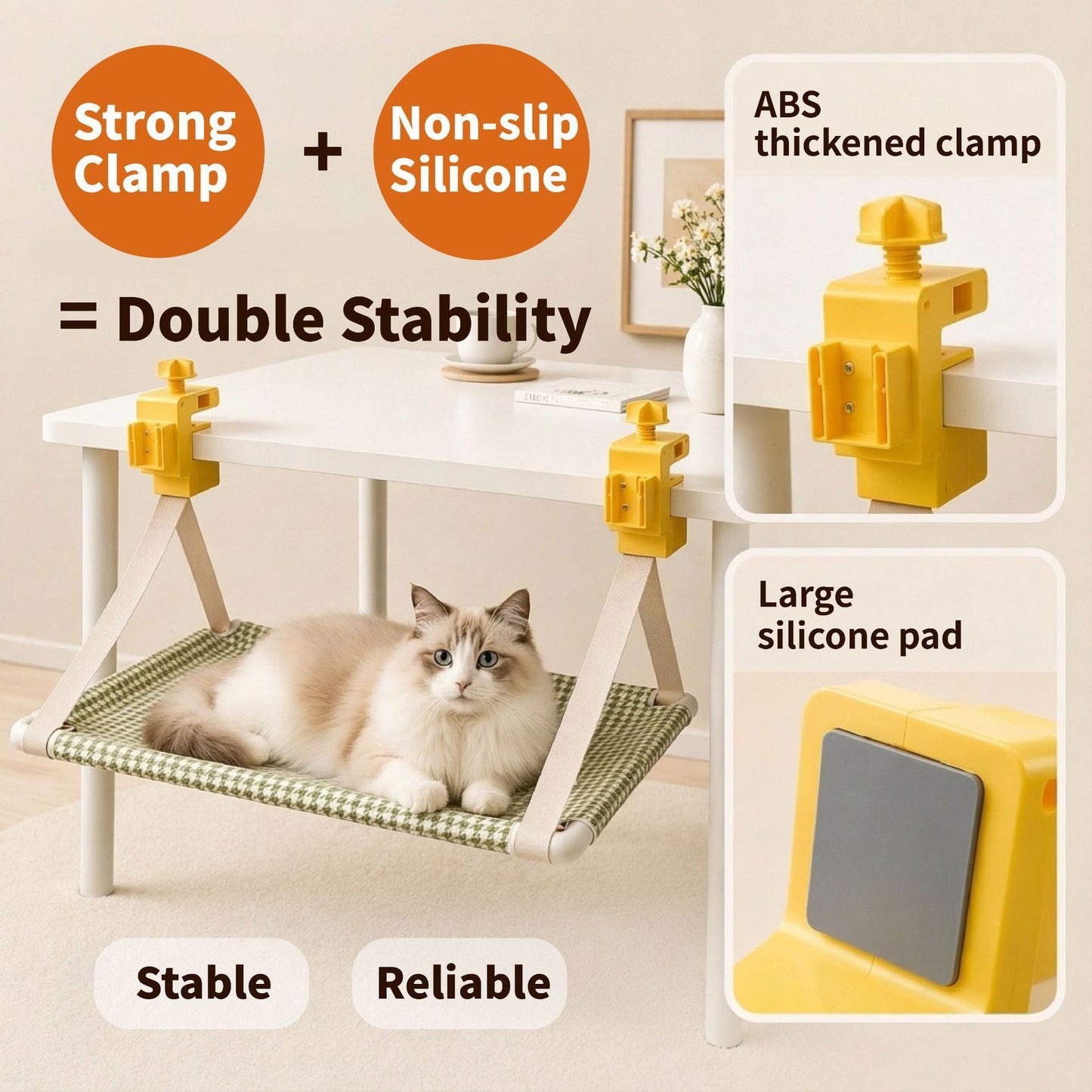 Clamp-On Hanging Cat Hammock – Space-Saving Elevated Pet Bed with Breathable Tweed Fabric, Tool-Free Desk & Shelf Mount, Perfect Resting Spot for Cats and Small Dogs Up to 33 lbs (Grey)