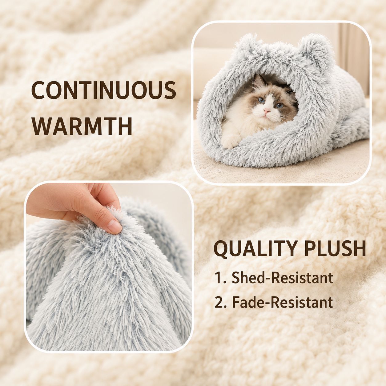 Cozy Heated Two-in-One Plush Cat Cave Bed with USB-Powered Warming, Multi-Level Temperature Control, and Timer, Convertible from Enclosed House to Flat Mat for Year-Round Napping Indoors or on the Go (Grey)