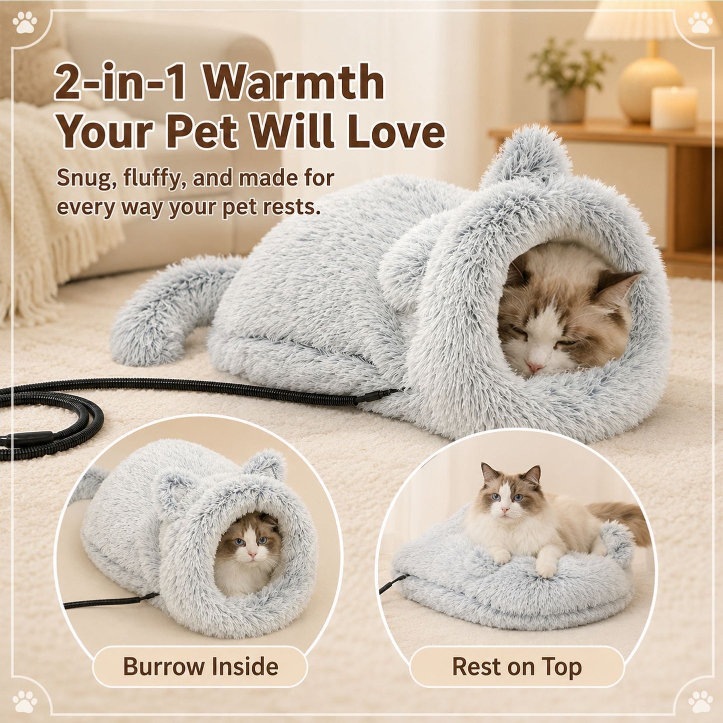 Cozy Heated Two-in-One Plush Cat Cave Bed with USB-Powered Warming, Multi-Level Temperature Control, and Timer, Convertible from Enclosed House to Flat Mat for Year-Round Napping Indoors or on the Go (Grey)