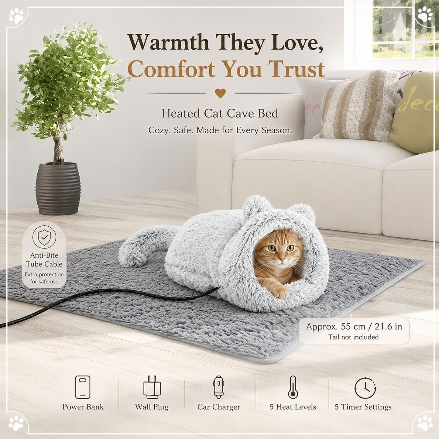 Cozy Heated Two-in-One Plush Cat Cave Bed with USB-Powered Warming, Multi-Level Temperature Control, and Timer, Convertible from Enclosed House to Flat Mat for Year-Round Napping Indoors or on the Go (Grey)
