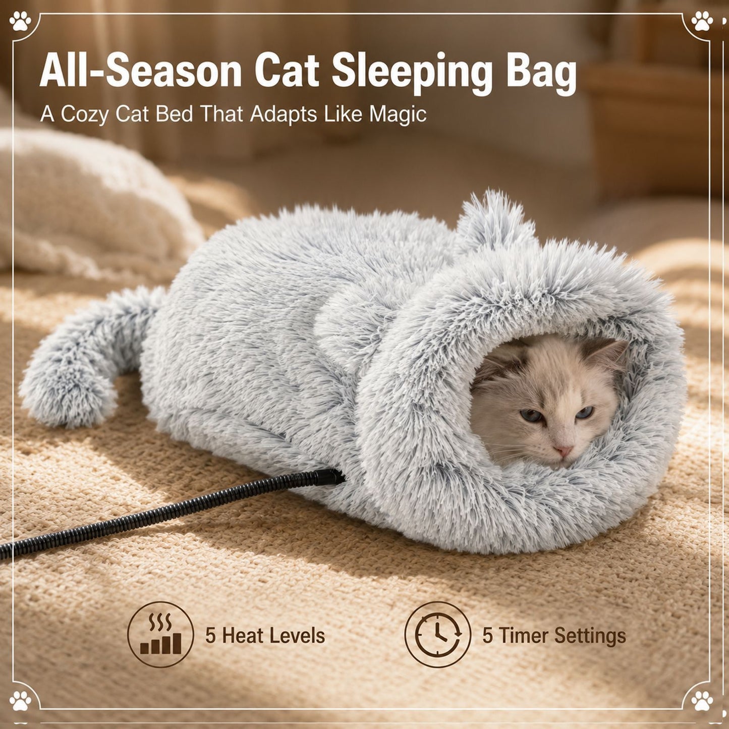 Cozy Heated Two-in-One Plush Cat Cave Bed with USB-Powered Warming, Multi-Level Temperature Control, and Timer, Convertible from Enclosed House to Flat Mat for Year-Round Napping Indoors or on the Go (Grey)