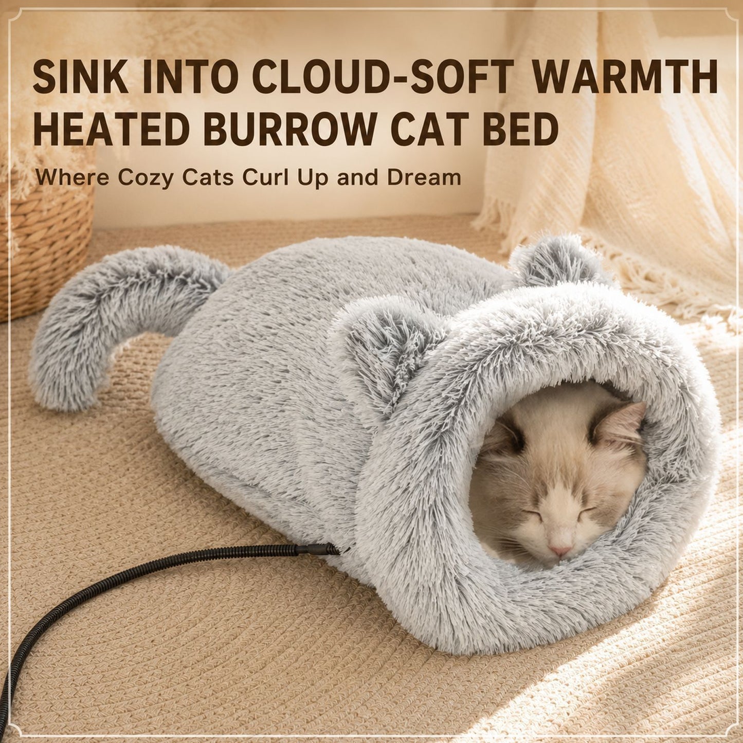 Cozy Heated Two-in-One Plush Cat Cave Bed with USB-Powered Warming, Multi-Level Temperature Control, and Timer, Convertible from Enclosed House to Flat Mat for Year-Round Napping Indoors or on the Go (Grey)