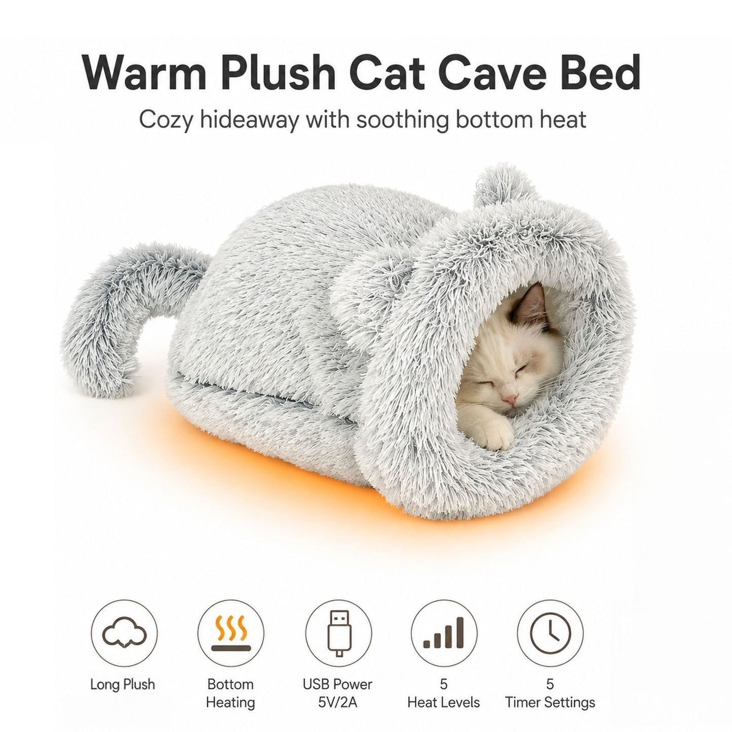 Cozy Heated Two-in-One Plush Cat Cave Bed with USB-Powered Warming, Multi-Level Temperature Control, and Timer, Convertible from Enclosed House to Flat Mat for Year-Round Napping Indoors or on the Go (Grey)