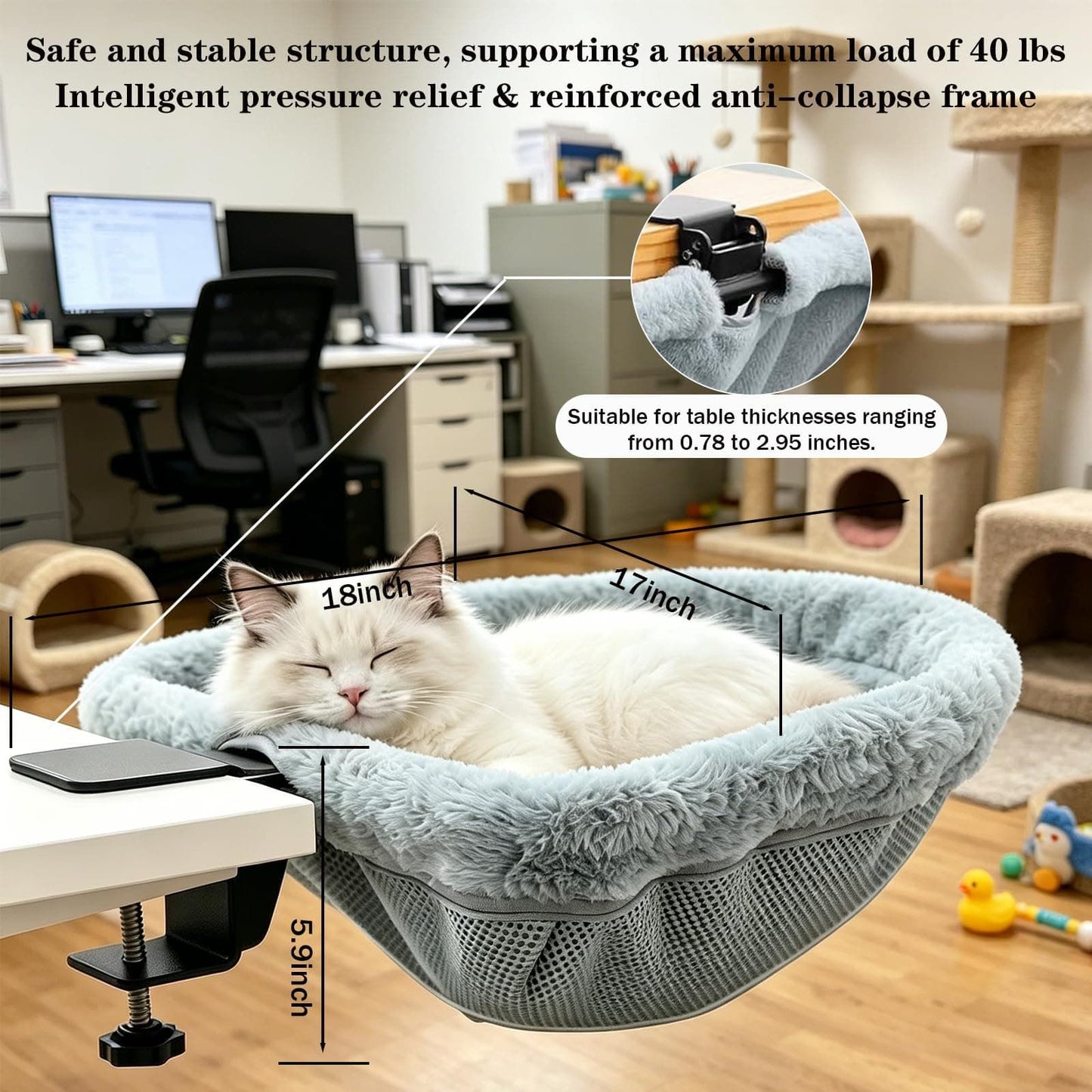 Adjustable Cat Hammock for Desk, Folding Cat Bed with Soft Faux Fur Liner and Breathable Mesh, Clip-On Perch for Office, Gaming, Dining Table – Secure, Cozy Space for Your Feline Friend (Grey)