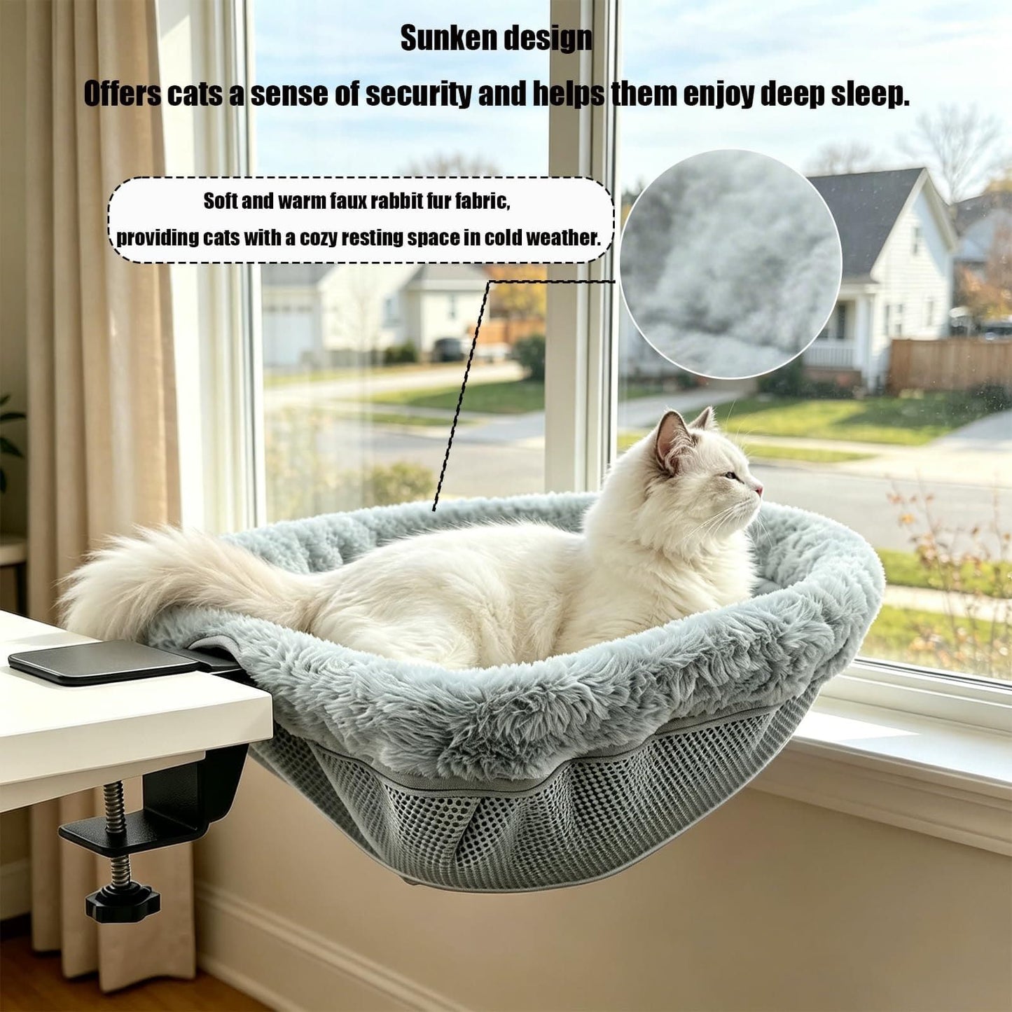 Adjustable Cat Hammock for Desk, Folding Cat Bed with Soft Faux Fur Liner and Breathable Mesh, Clip-On Perch for Office, Gaming, Dining Table – Secure, Cozy Space for Your Feline Friend (Grey)