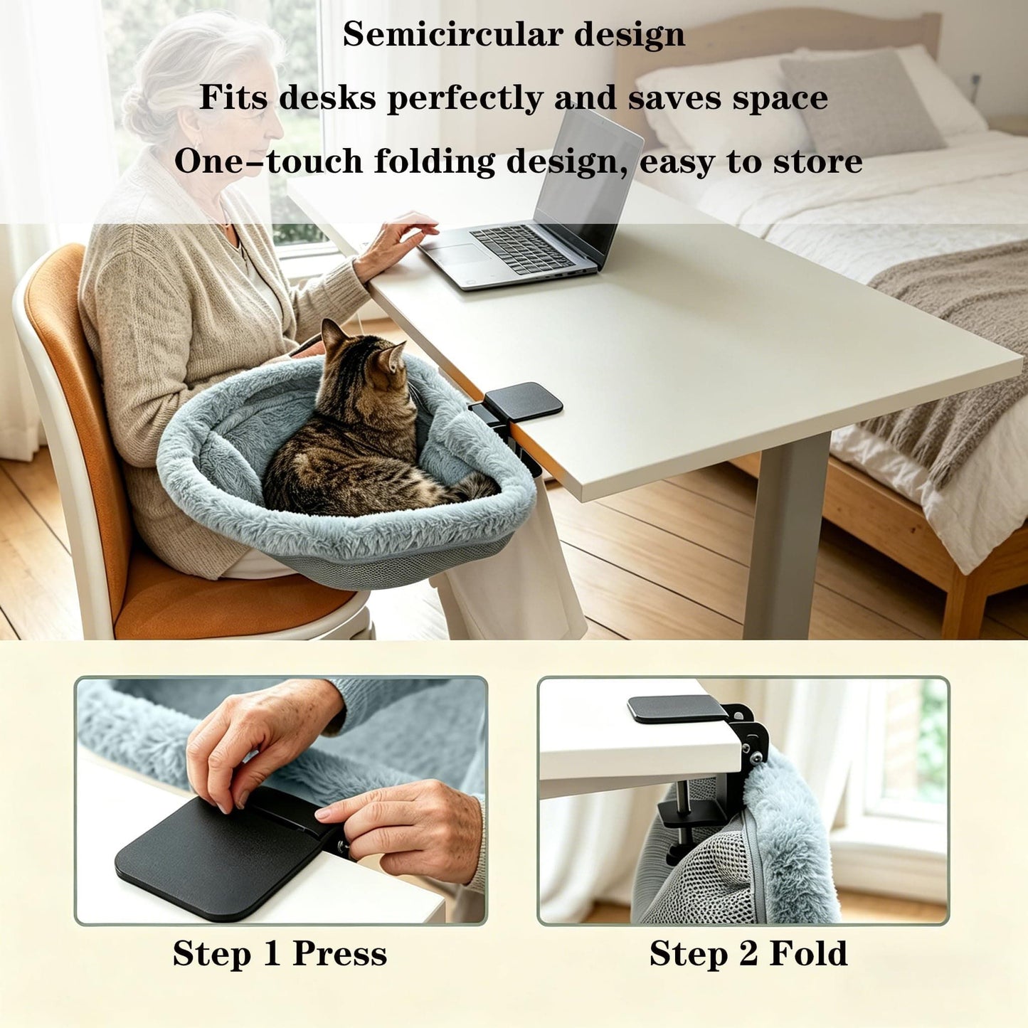 Adjustable Cat Hammock for Desk, Folding Cat Bed with Soft Faux Fur Liner and Breathable Mesh, Clip-On Perch for Office, Gaming, Dining Table – Secure, Cozy Space for Your Feline Friend (Grey)