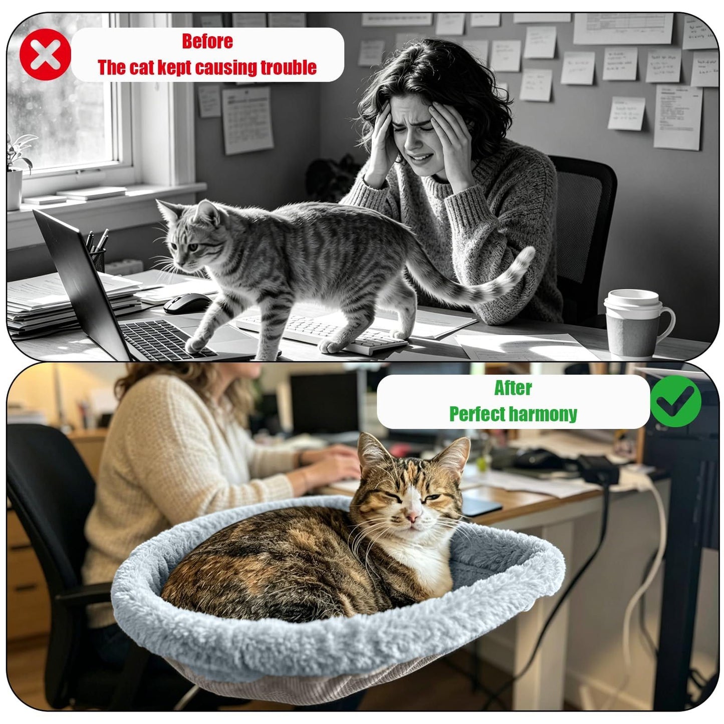 Adjustable Cat Hammock for Desk, Folding Cat Bed with Soft Faux Fur Liner and Breathable Mesh, Clip-On Perch for Office, Gaming, Dining Table – Secure, Cozy Space for Your Feline Friend (Grey)