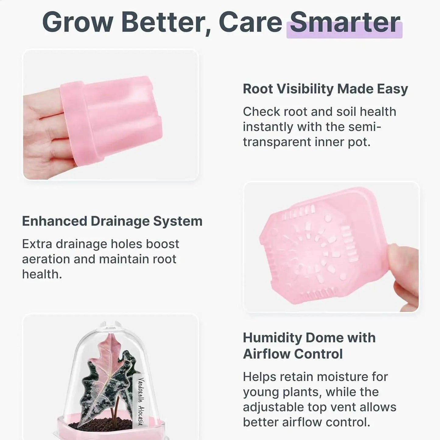 Self-Watering Square Seedling Pot with Adjustable Humidity Dome – Semi-Transparent Pink Plastic Planter for Mini Succulents, Carnivorous Plants, and Propagation, Ideal for Desks, Shelves, and Kids Gardening (8PCS)