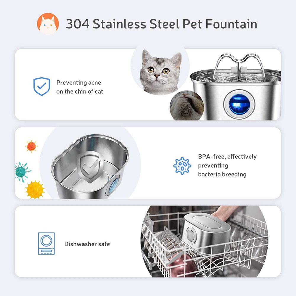 304 Stainless Steel Pet Water Fountain, 3.2L Oval Design with Dual Water Flow, Ultra-Quiet Automatic Circulating Filtered Drinking Station for Cats and Dogs, USB Powered (Adapter Not Included), Dishwasher Safe (C)