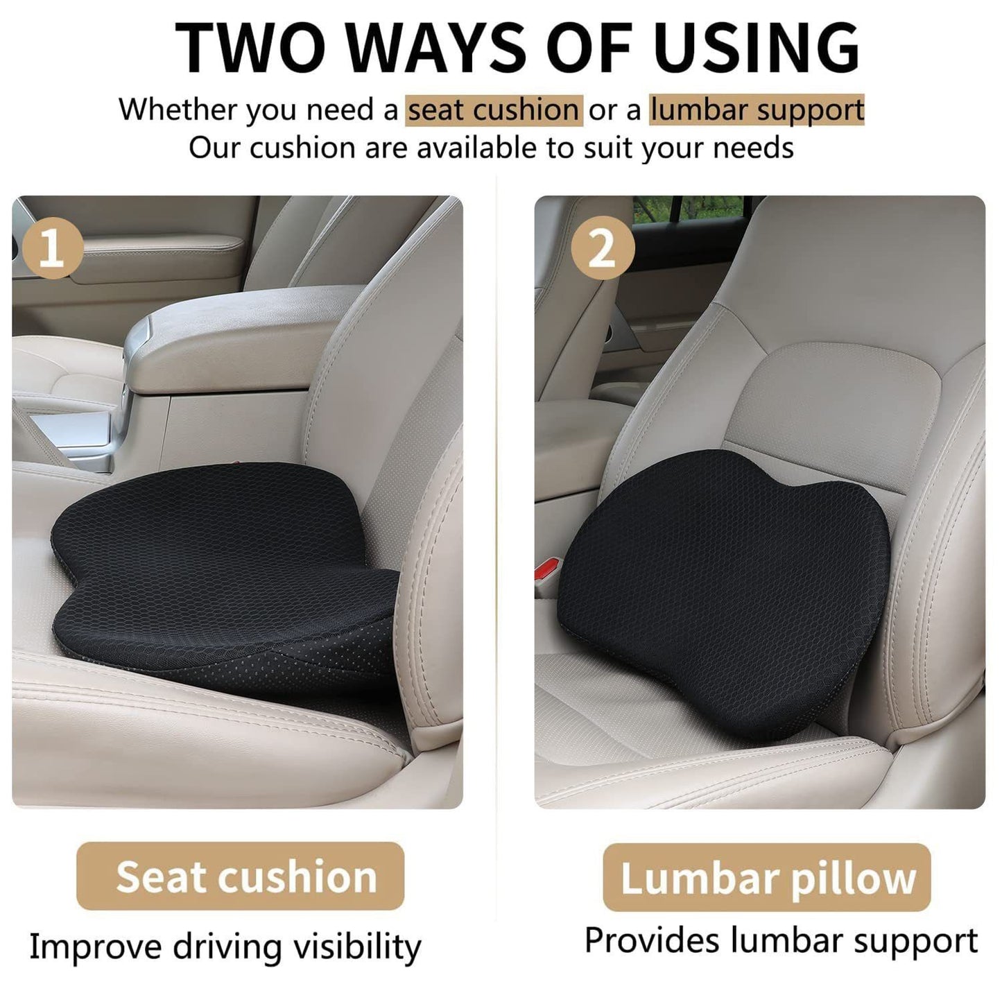 Premium Memory Foam Car Seat Cushion with Lumbar Support – Ergonomic Design for Enhanced Driving Comfort, Breathable Mesh Cover, Washable and Durable (Black)