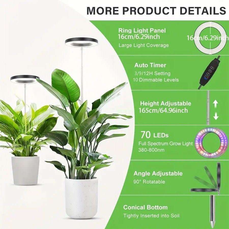 Versatile Floor Plant Grow Light with Full Spectrum LED Ring, Telescopic Stake, 3 Color Modes, 10-Level Brightness, and 3/9/12H Timer, Perfect for Indoor Potted Plants, Flowers, Succulents, Herbs, and Vegetables – USB Powered (Black, 3PCS)