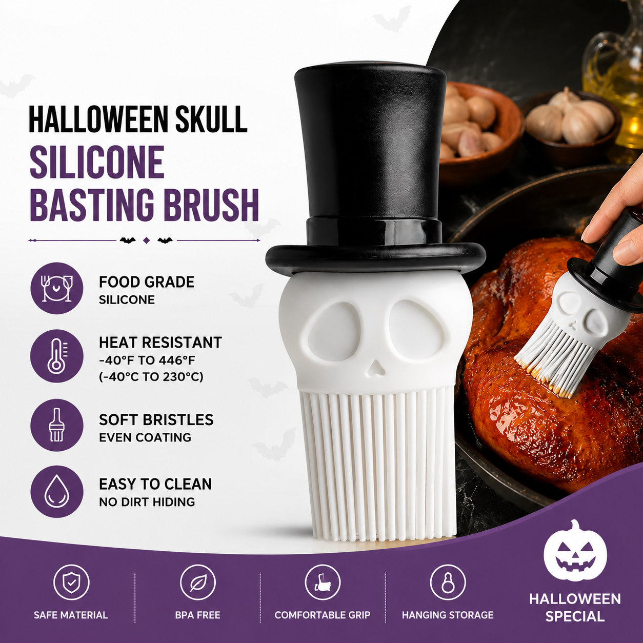 Skeleton Top Hat Silicone Basting Brush – Whimsical Halloween Kitchen Tool for Baking, Grilling, and BBQ, Perfect for Spreading Oil, Butter, and Sauces in Style (White)
