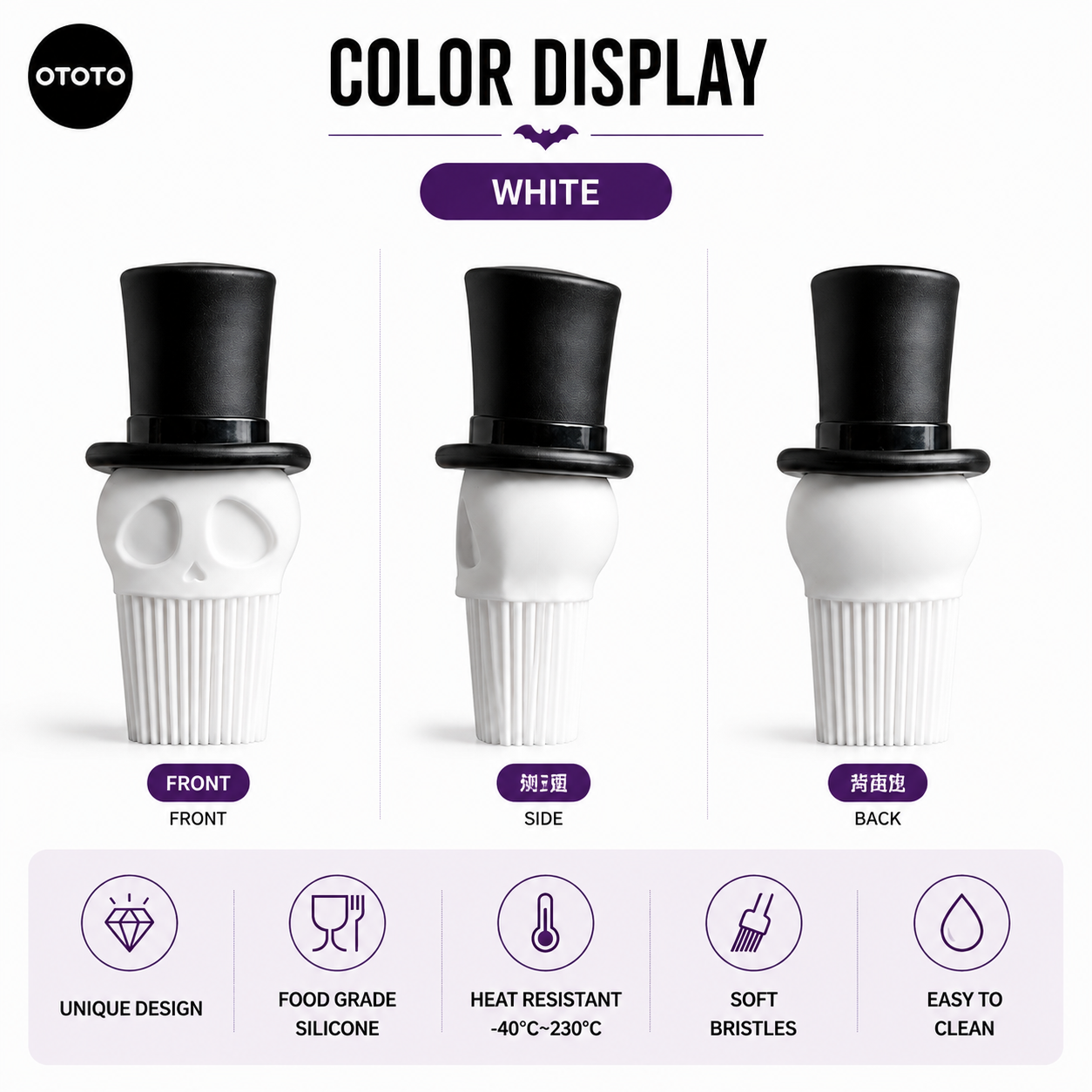 Skeleton Top Hat Silicone Basting Brush – Whimsical Halloween Kitchen Tool for Baking, Grilling, and BBQ, Perfect for Spreading Oil, Butter, and Sauces in Style (White)