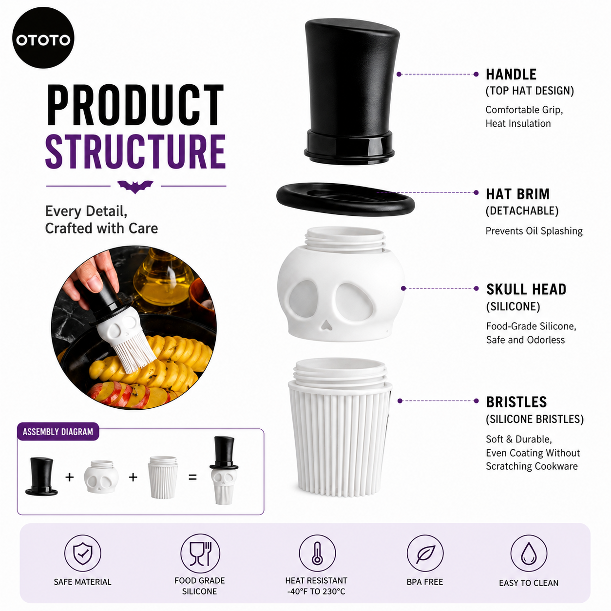 Skeleton Top Hat Silicone Basting Brush – Whimsical Halloween Kitchen Tool for Baking, Grilling, and BBQ, Perfect for Spreading Oil, Butter, and Sauces in Style (White)