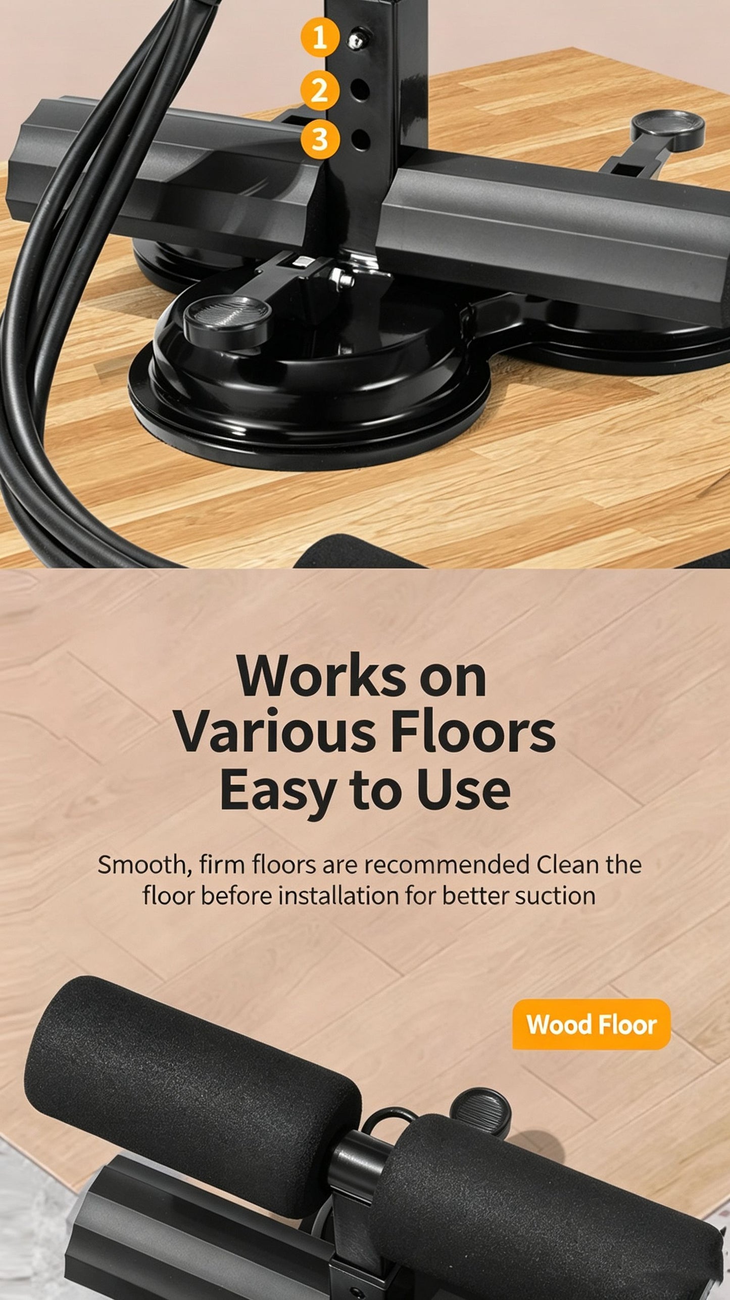 Three suction cup sit up assist device (with tension rope),black