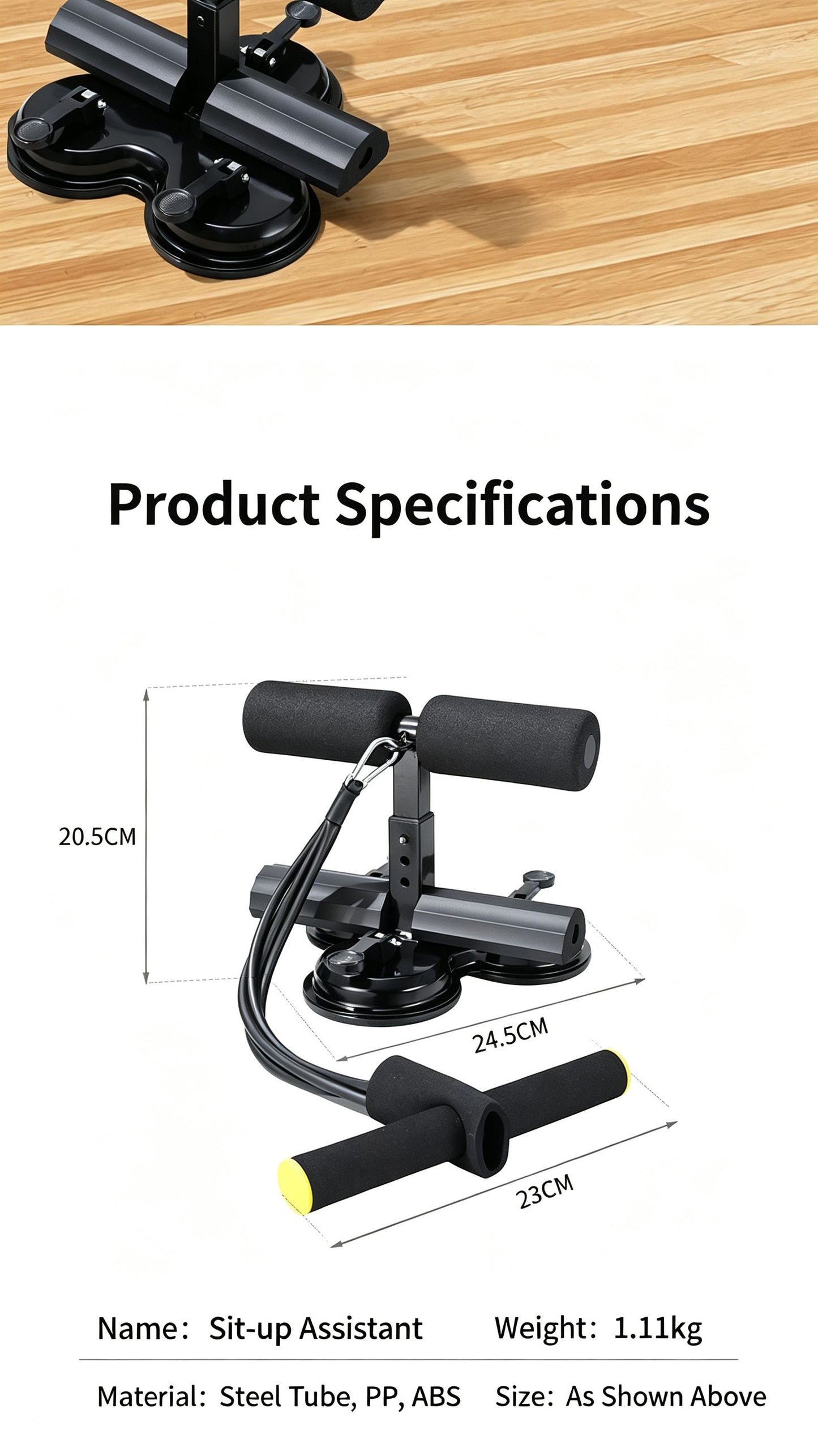Three suction cup sit up assist device (with tension rope),black