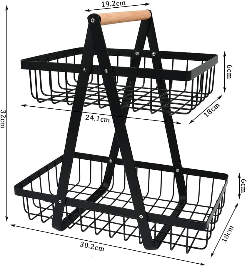 CARLA HOME 2-Tier Fruit Basket Stand for Kitchen Countertop for Fruits, Vegetables, Bread & Snacks with Wooden Handle
