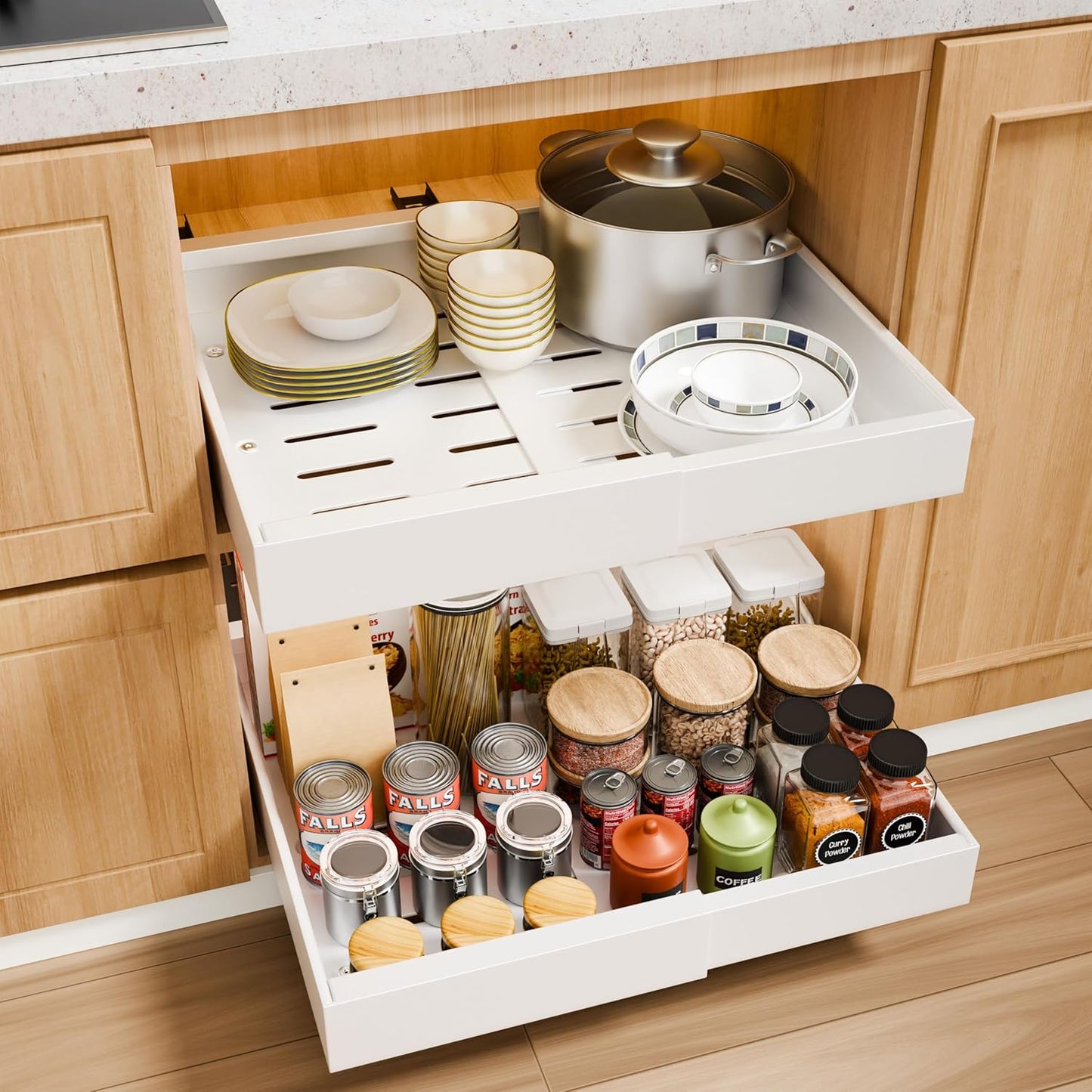CARLA HOME Pack Pull Out Cabinet Organizer Expandable for Cabinets with Adjustable Slide Out Shelves and Easy Installation (White)