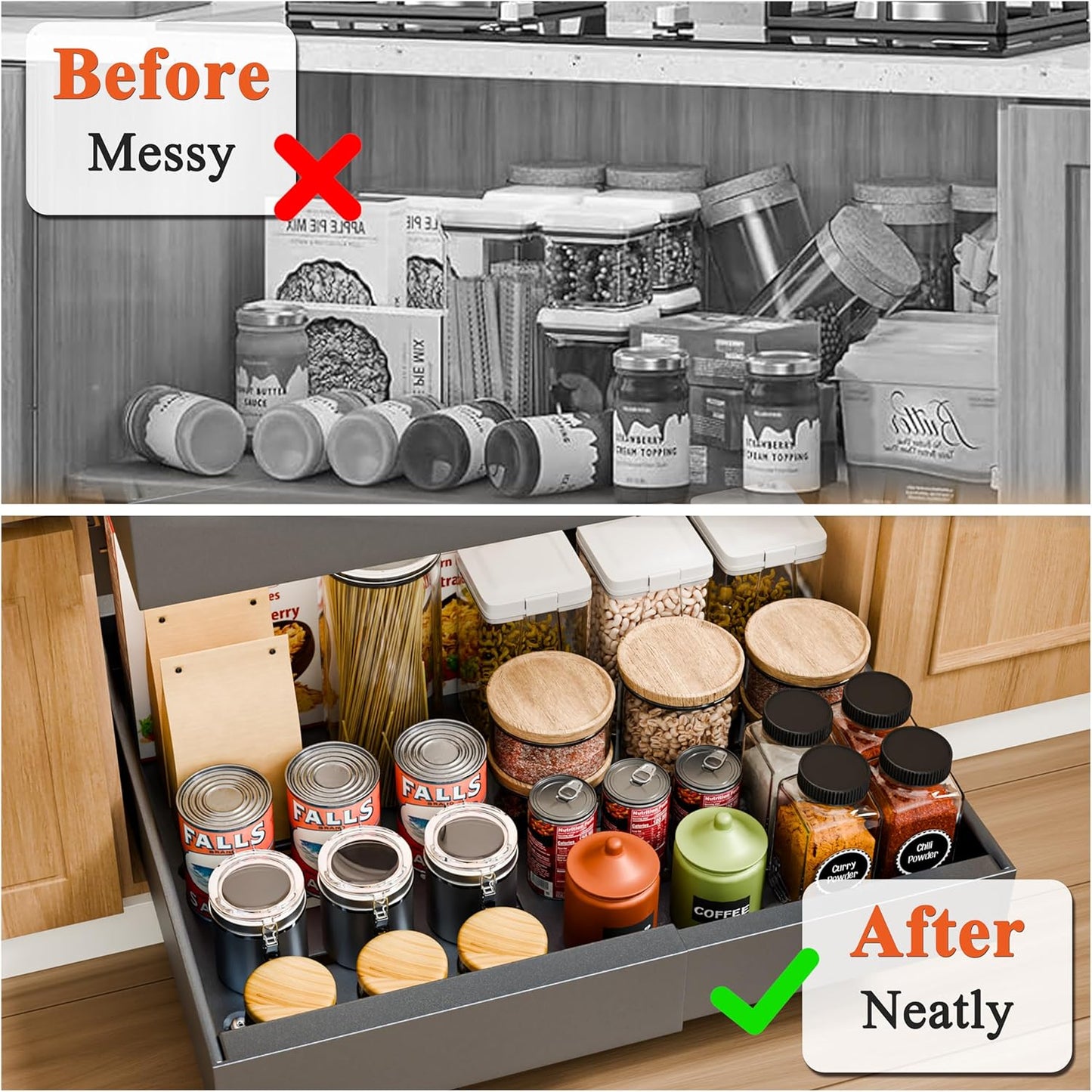 CARLA HOME 2 Pack Pull Out Cabinet Organizer Expandable for Cabinets with Adjustable Slide Out Shelves and Easy Installation (Grey)