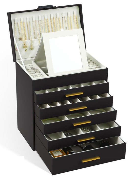 CARLA HOME  6-Layer Large Jewelry Organizer Box for Women with Mirror, Drawers, Hooks & Dividers for Rings, Necklaces, Bracelets, Ideal Gift for Women (Black)