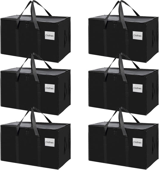 CARLA HOME 6-Pack Large Moving Storage Bags with Zippers & Handles with 95 Liters Capacity for Space Saving, Travel, Camping & Organization (Black)