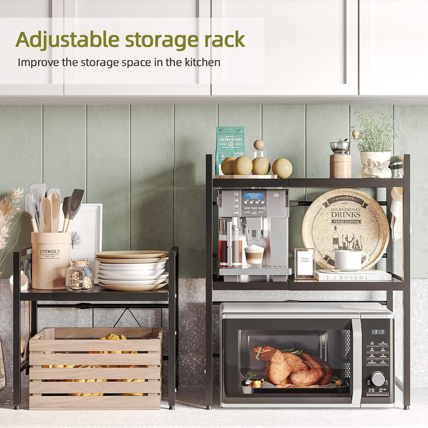 CARLA HOME 2-Tier Microwave Oven Rack with Adjustable Metal Kitchen Shelf Stand for Countertop Storage and 6 Hooks for Utensils (Black)