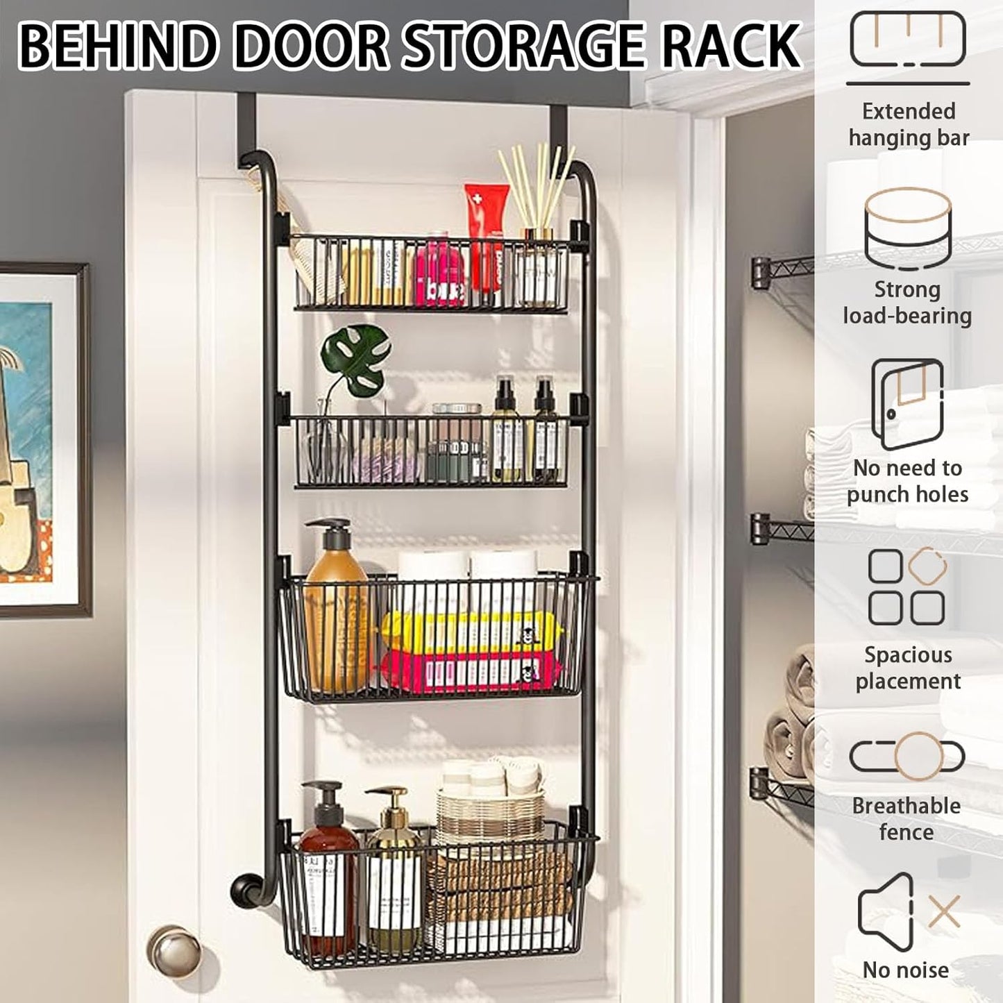 CARLA HOME 4-Tier Over the Door Organizer Heavy-Duty Metal Pantry Rack with Hanging Baskets for Home Kitchen Storage & Bathroom Door Organization