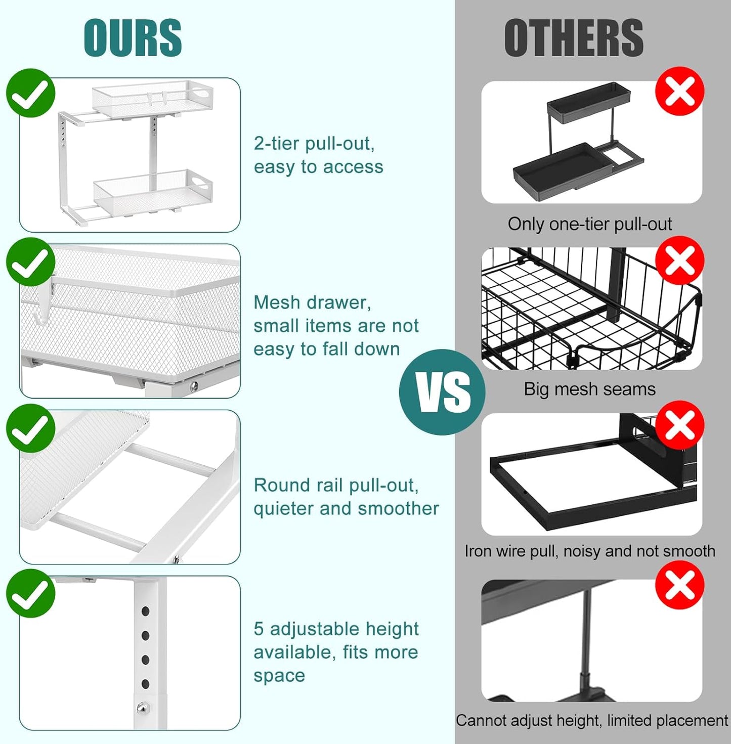 CARLA HOME 2 Tier Under Sink Organizer Pull Out Sliding Cabinet Storage Shelf with Height Adjustable for Kitchen, Bathroom or Laundry Room (White)