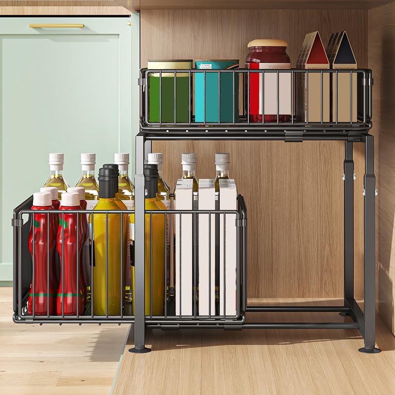 CARLA HOME 2- Pack Under Sink Organizer with Sliding Drawers & Height Adjustable for Kitchen Bathroom Cabinet Organization