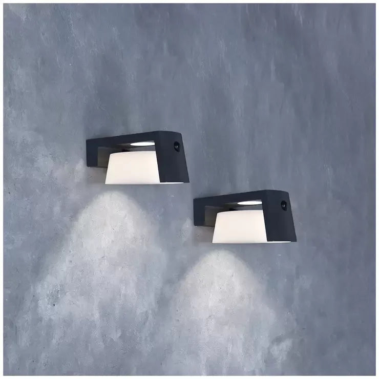 Dark Grey Solar Motion Wall Light 2-Pack with PIR Sensor and 1000 Lumens Output
