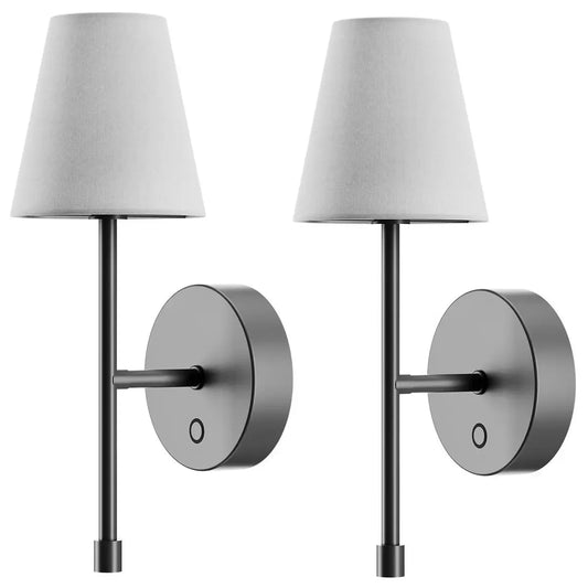 LED Wall Sconce Wireless Light 2-Pack - Black Finish with White Fabric Shade