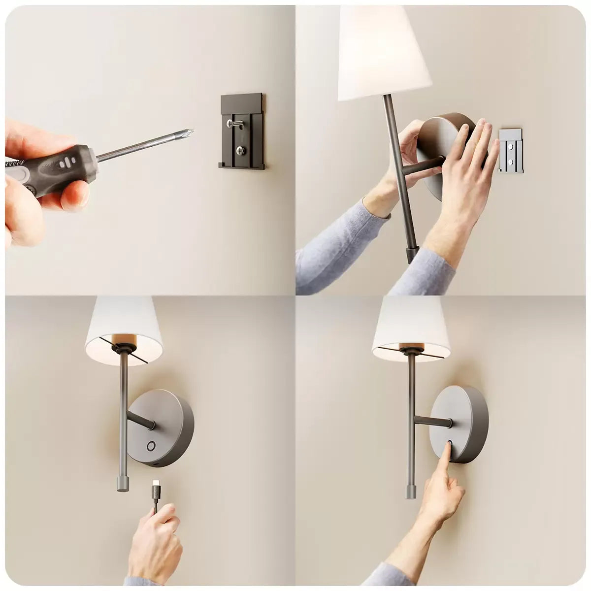LED Wall Sconce Wireless Light 2-Pack - Black Finish with White Fabric Shade