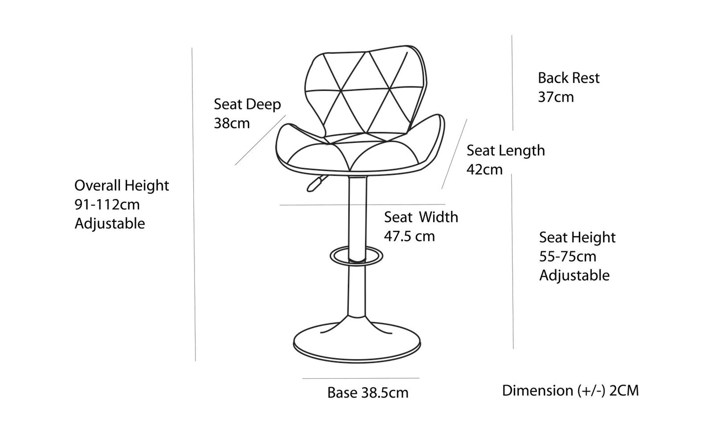 2 Comfortable Bar Stools (White) w/ Adjustable Height, 90-112cm