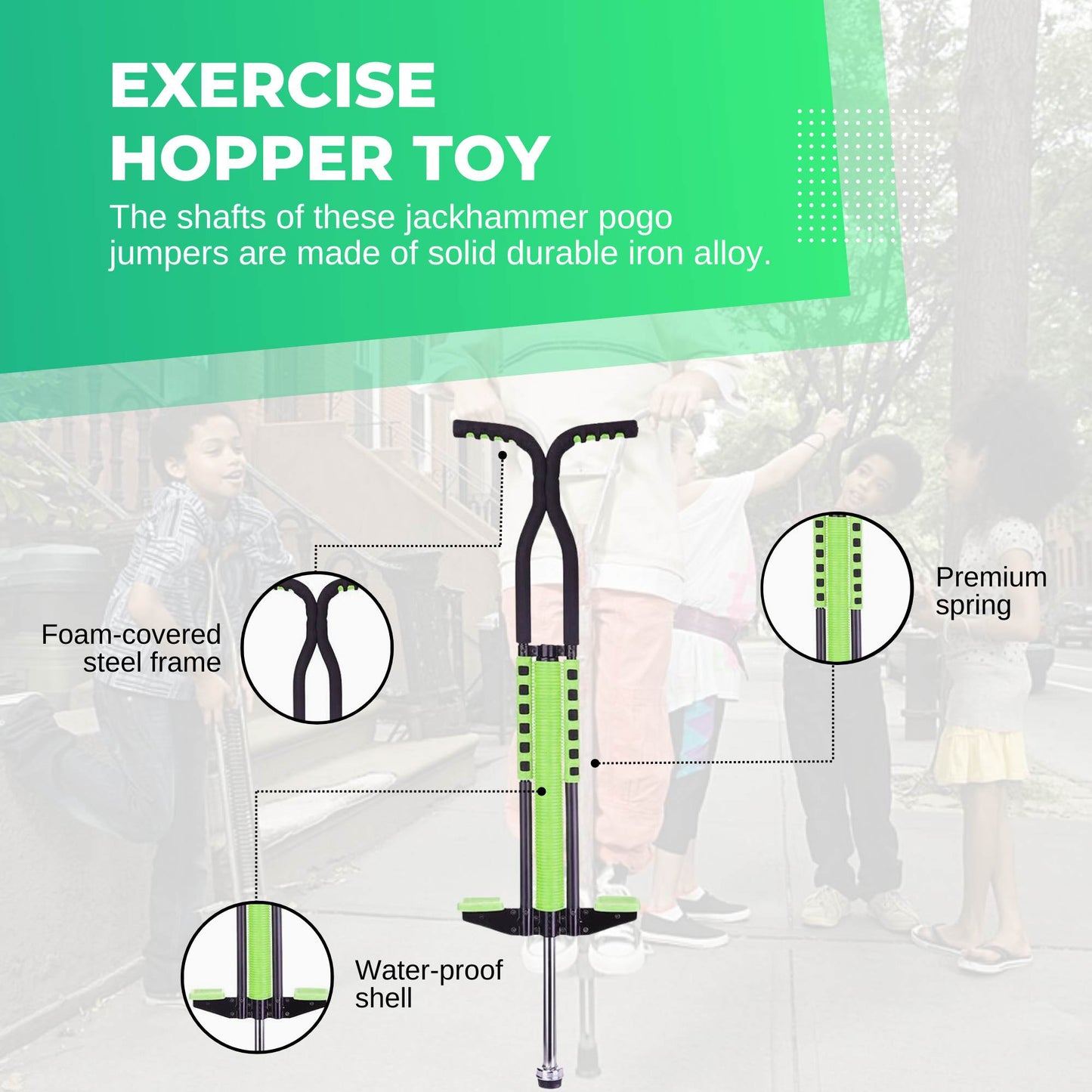 Social Hike Green Pogo Stick - Kids Jumping Jackhammer Exercise Hopper