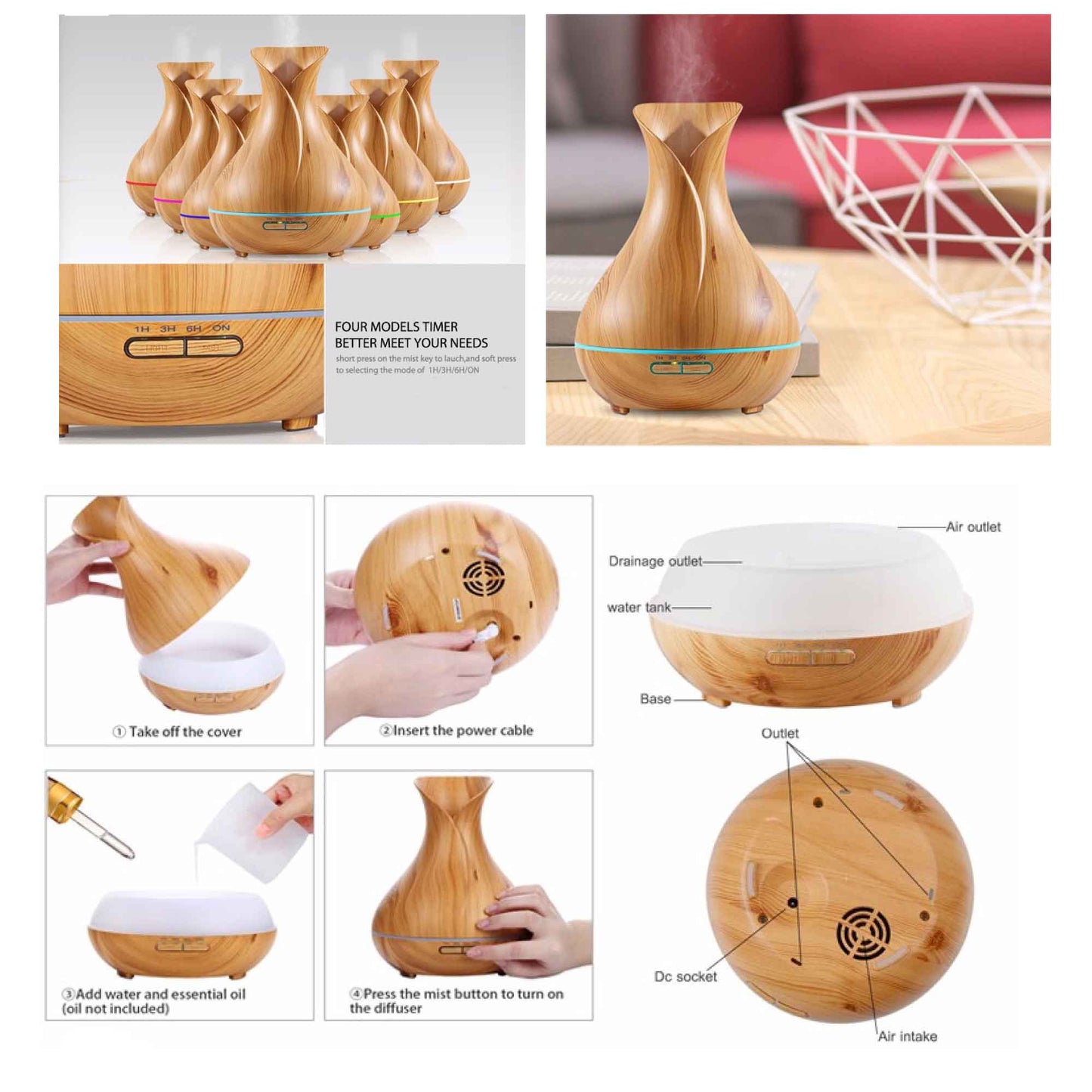 Essential Oil Aroma Diffuser Tulip Light Wood  -Ultrasonic Mist Humidifier