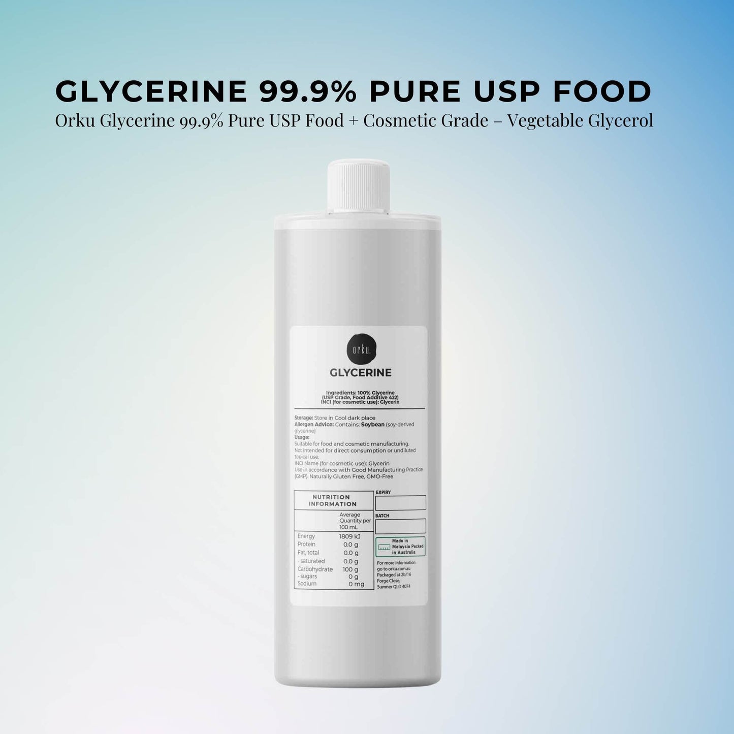 Orku 250ml Glycerine 99.9% Pure USP Food + Cosmetic Grade – Vegetable Glycerol
