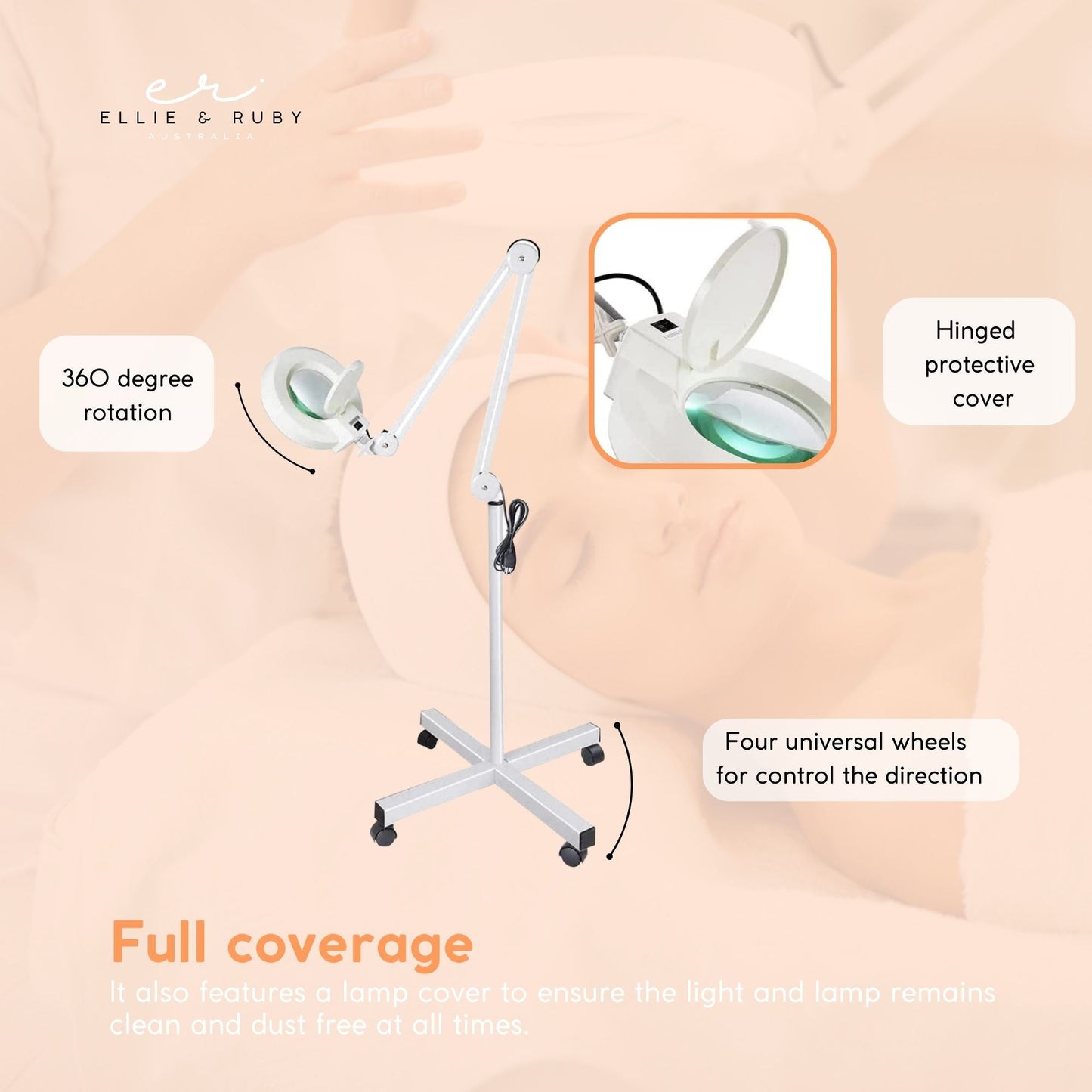 Ellie & Ruby 5x Magnifying Floor Lamp - Glass Lens Light and Wheeled Stand White